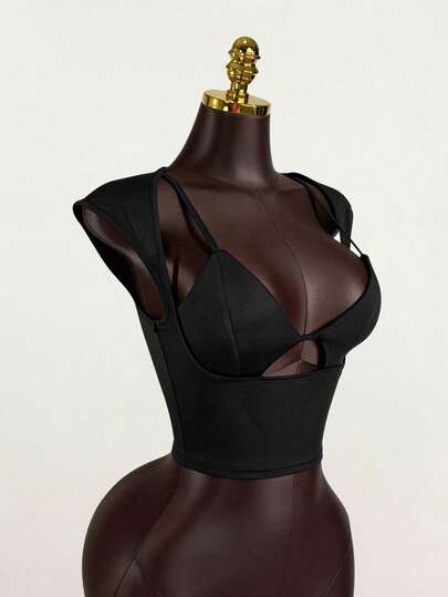 SaltGleam SaltGleam 女士性感纯色镂空袖短款修身T恤，夏季