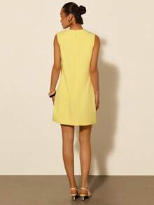 COSMINA Women's Elegant Sleeveless Round Neck Pearl Decor Versatile Mini Dress, Suitable For Spring/Summer Outings, Dates, Commuting, Office, Spring - Light Yellow - View 2