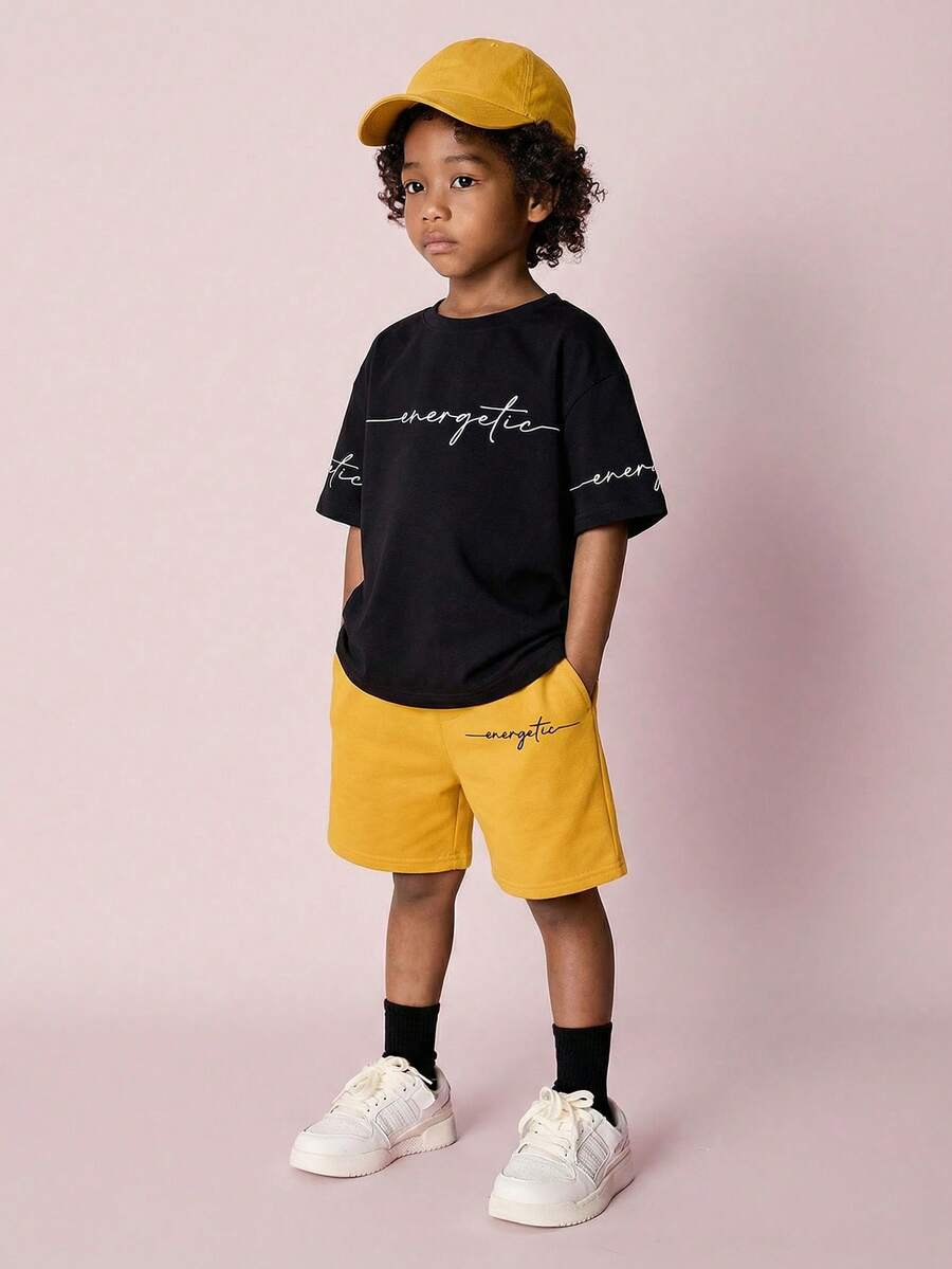 Conjunto de camiseta informal minimalista con estampado de letras para niño pequeño, adecuado para el verano - Multicolor - Ver 1