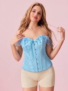Bonmuse 1件装 女士撞色蕾丝荷叶边露肩系带提花抹胸上衣 - 淺藍色 - 查看 3