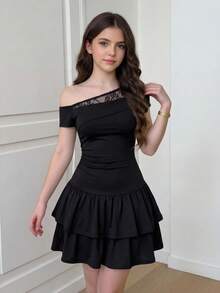 SHEIN Girlism 少女连衣裙 新款时尚蕾丝拼接斜肩优雅通勤日常穿着收腰喇叭裙摆迷你连衣裙 - 黑色 - 查看 6