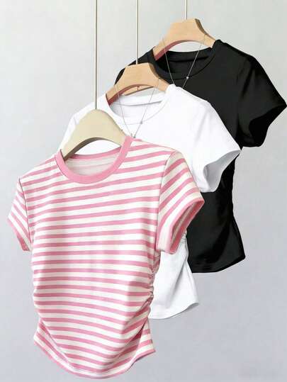 Set de 3 camisetas de manga corta con cuello redondo para niña preadolescente, diseño de rayas rosa y blanco, negro sólido y blanco fruncido, estilo clásico, adecuado para primavera/verano, uso diario, hogar, vacaciones, festivales, con estampados florales, estilo casual y cómodo