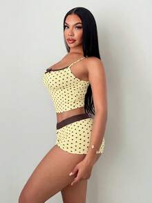 SHEIN SXY Bộ đồ lót gợi cảm dành cho nữ, gồm áo hai dây và quần short ren chấm bi. - Màu vàng - Xem 7