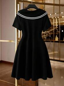 GlowEve CURVE Đầm ngắn tay dệt kim kiểu dáng sinh viên dành cho nữ, có phần eo thắt gọn, thời trang và đa năng, phối màu đen trắng. - màu đen - Xem 2