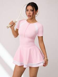 SHEIN Sports 撞色拼接短袖双层运动连衣裙 女士运动连衣裙 多层裙摆连衣裙 女士网球连衣裙 粉色短袖连衣裙 前拉链连衣裙 - 粉色 - 查看 7