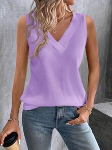 Zayélia Women's Solid Color V-Neck Casual Versatile Tank Top - Purple - View 6