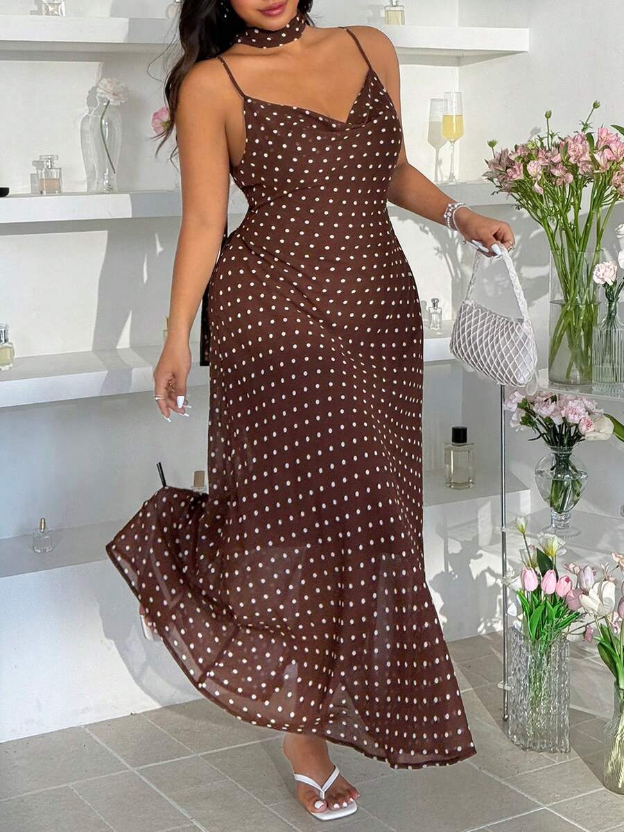 SHEIN EZwear 大码女士波点休闲派对吊带裙 - 棕色 - 查看 1