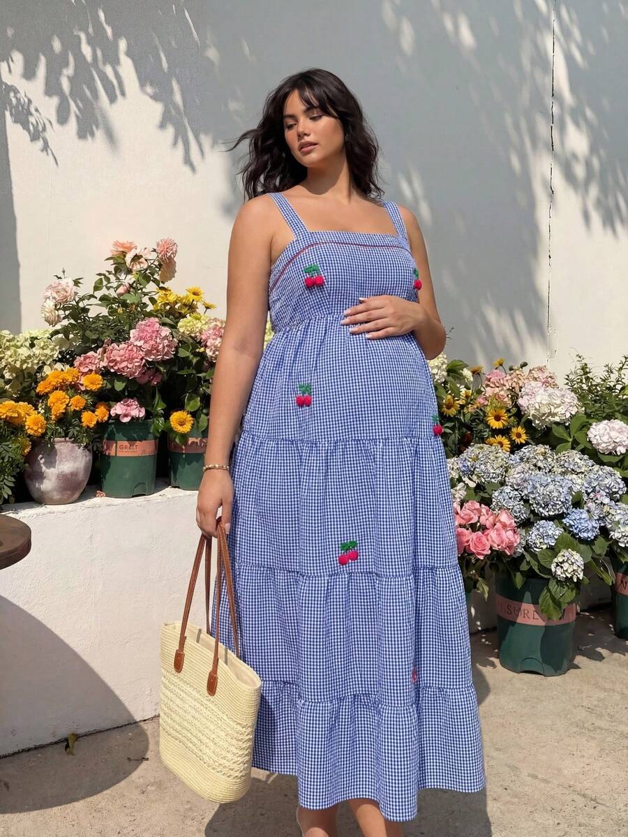 Plussiva Plus Size Maternity Plus-Size Blue Striped Cotton Vacation-Style Maternity Dress, Sweet And Lovely Cherry Design. Plaid Print Ruffle Hem Cami Dress Women Casual Dresses Women's Summer Dresses Women Sundresses Women Sun Dress Women's Dress Cotton Dresses Maternity Summer Dress Pregnancy Photoshoot Dress Maternity Clothes Summer Dresses Gingham Maternity Dress Cherry Print Maternity Dress Picnic Dress For Women Summer Maxi Dress Brunch Dresses For Women Resort Dresses For Women Zanea Dress For Woman - Blue - View 1