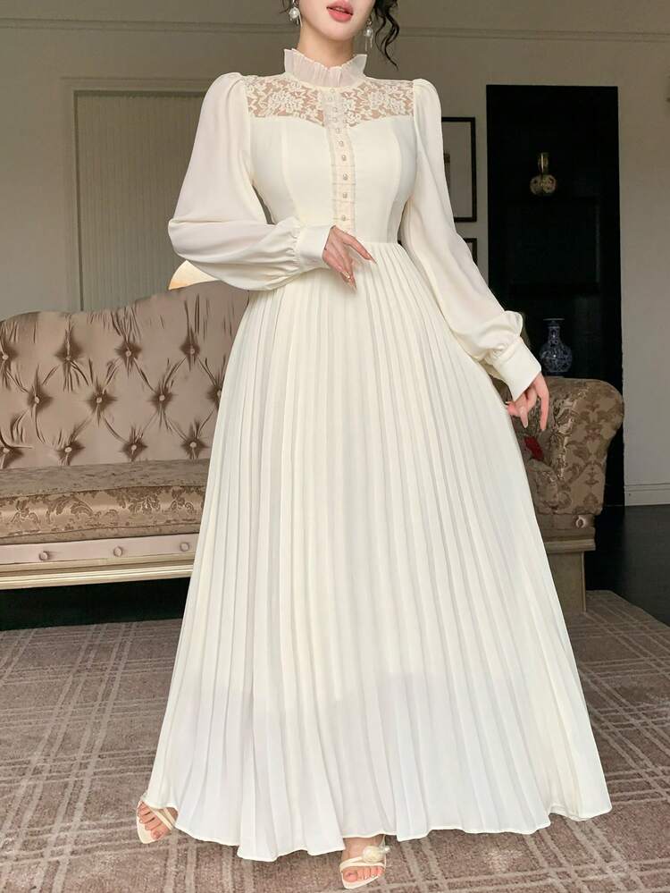 Women's Elegant Fabric Patchwork A-Line Waist Lace Petal Sleeve Princess Dress, Lace Patchwork Pleated Long Dress, Spring & Summer
