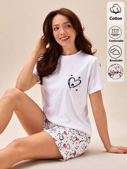 Loomlin Cotton Line Women Heart Printed Round Neck Short Sleeve Top And Shorts 2pcs Set