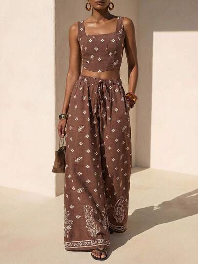 Zivah 2026 Damski, swobodny, nadrukowany zestaw na wakacje, top i długie spodnie z materiału z unikalnym wzorem