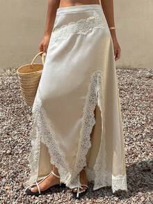 Livesso Damen eleganter Spitzen-Patchwork Satin plissierter Rock, geeignet für Partys, Urlaub im Frühling & Sommer - Aprikosenfarben - Übersicht 1