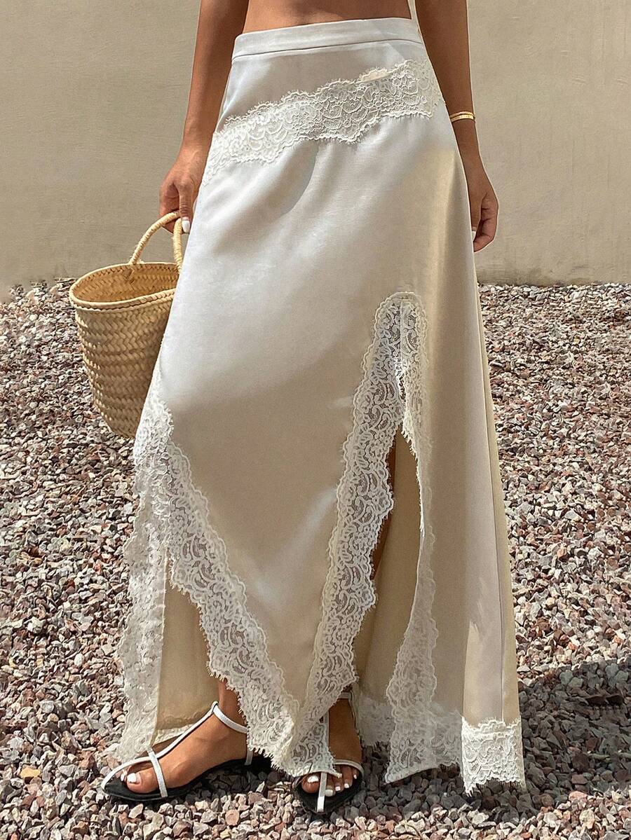 Livesso Damen eleganter Spitzen-Patchwork Satin plissierter Rock, geeignet für Partys, Urlaub im Frühling & Sommer - Aprikosenfarben - Übersicht 1