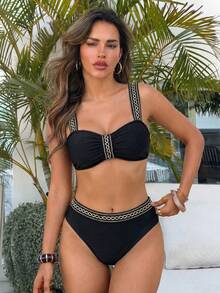 SHEIN Swim Conjunto de bikini de verano sexy con top de escote en V y fondo de triángulo, adecuado para playa y piscina - Negro - Ver 8
