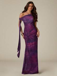 SHEIN BAE Đầm dạ hội thanh lịch dành cho nữ, kiểu dáng nhuộm tie-dye, cổ lệch, đuôi cá. - Màu tím - Xem 3