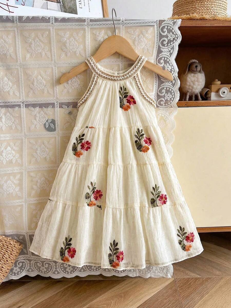 SHEIN Genkimix Kids Girls Floral Embroidered Crochet Trim Elegant Princess A-Line Halter Dress, Summer - Apricot - View 1