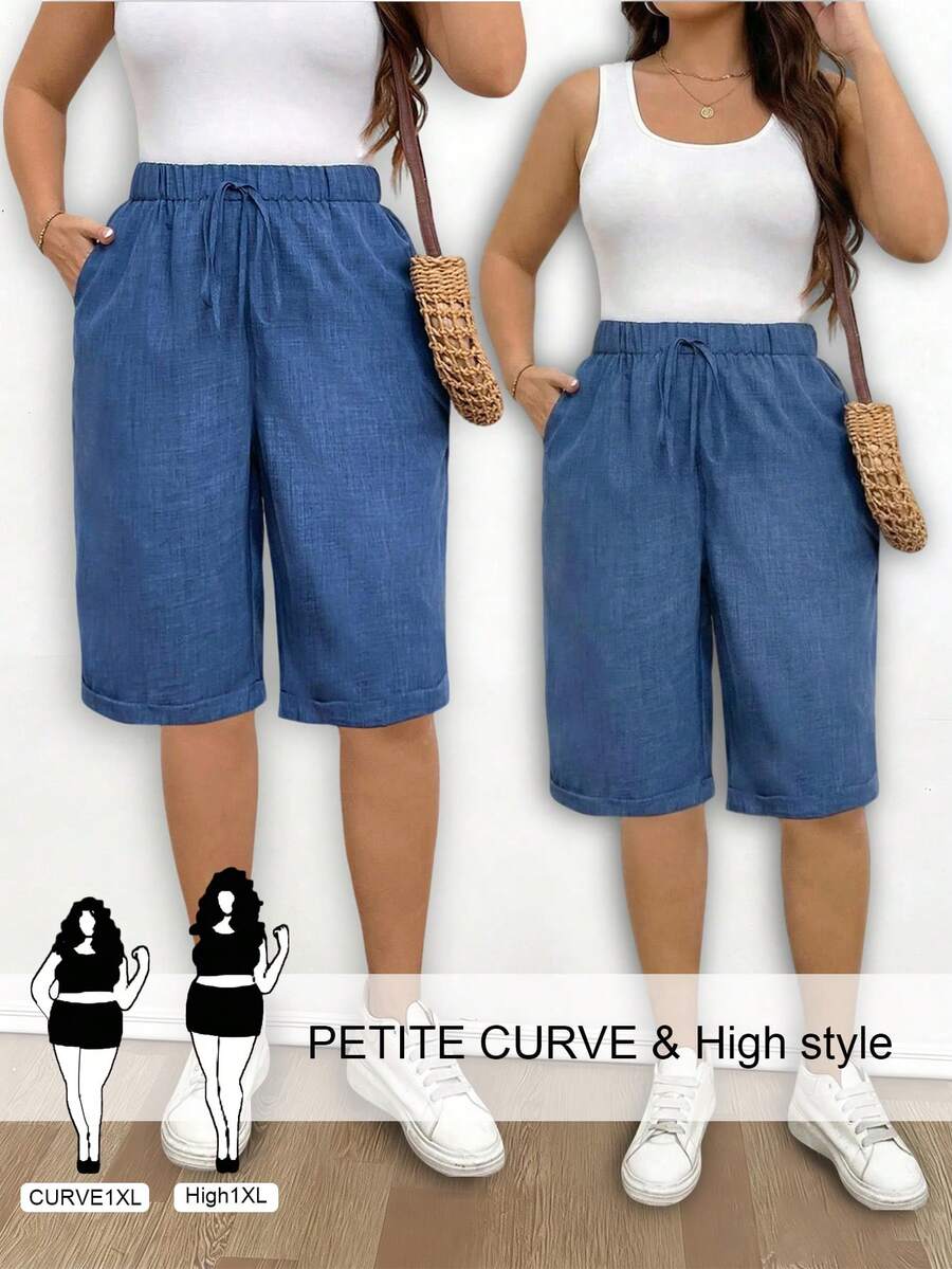 SHEIN Tall CURVE 大码休闲纯色宽松裤 - 藍色 - 查看 1