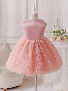 SHEIN Glamorique Kids Young Girl'Princess Dress,Blush Pink Summer Flower Girl Formal Gown,Coral Peach 3D Floral Mesh,Bow Decor,Sleeveless,Birthday Party Wedding Event Dress - Pink - View 2
