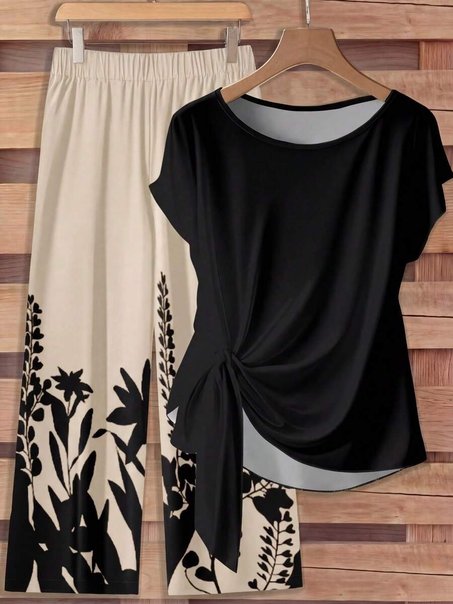 Rusticease Conjunto de 2 piezas casual de blusa con lazo y pantalón de pierna recta para mujer - Multicolor - Ver 1