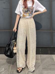 FRIFUL Women's Solid Beige Sheer Lace Fabric Straight Leg Loose Casual Pants Summer - Apricot - View 4