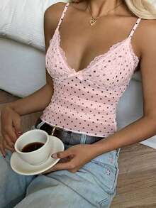 CovetEZ 女士休闲复古蕾丝拼接褶皱紧身吊带背心，适合夏季穿着 - 粉色 - 查看 3