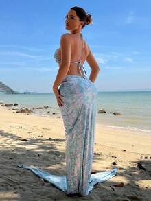 Swim Vcay Bộ 3 món gợi cảm cho kỳ nghỉ hè: Bikini dây buộc cổ hở lưng kiểu tam giác và váy maxi đuôi cá cạp cao. - Nhiều màu - Xem 3