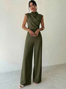 Firerie Bộ jumpsuit nữ thanh lịch, tối giản, phong cách công sở hiện đại, hàng mới về, xếp ly, cổ đứng, tay ngắn, cạp cao, ống rộng, màu mơ. - xanh quân đội - Xem 2