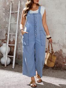 SHEIN CURVE+ Große Größen Lässige Jeans-Latzhose mit Knöpfen vorne, Sommer Karnevals-Kostüm, Pendeln, Urlaub, Abschluss, Chic Y2K, Süße Streetwear, Party, Hochzeit, Elegant, Business Lässig, Frau, Business, Strand, Ostern, Lässige Weite Bein Jeans-Latzhose mit verstellbaren Trägern und Knöpfen vorne, Sommer Jumpsuit, Vielseitiger Utility-Jumpsuit, Ostern Lässiger Jumpsuit - Blau - Übersicht 4