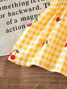 SHEIN Elladie kids Young Girl' Cute Sweet Cherry Plaid Print Camisole And Wide Leg Pants Set, Suitable For Casual Daily And Holiday Wear - Yellow - View 6