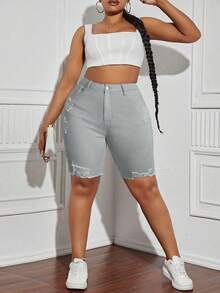 SHEIN SXY Plus Size Distressed Versatile Denim Shorts - Light Grey - View 3