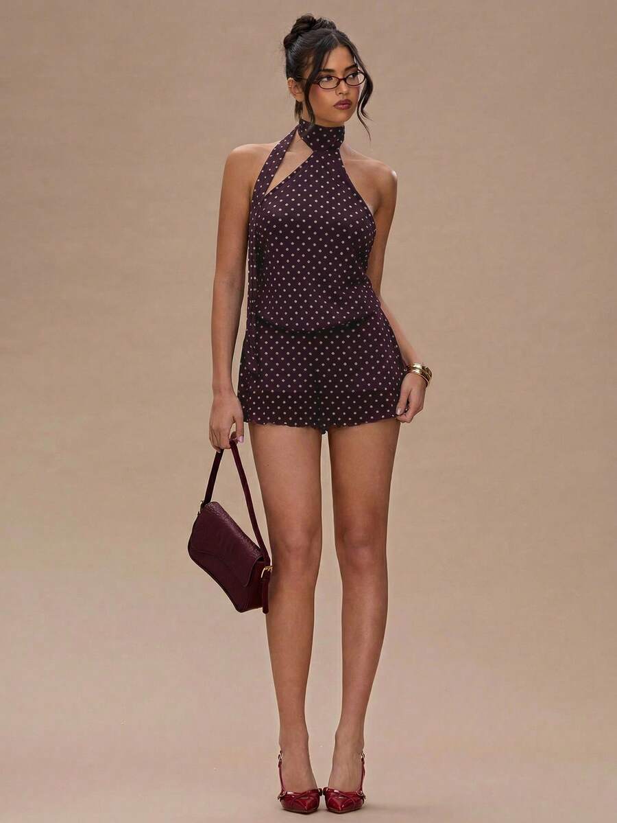 SHEIN BAE Women's Polka Dot Pattern Fashionable Sexy Halter Mini Dress,Summer Dresses For Women - Maroon - View 1