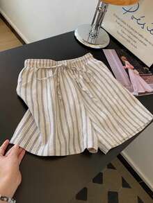 SHEIN Frenchy Quần short nữ cạp chun kẻ sọc, kiểu dáng thường ngày, đa năng, có dây rút. - Màu be - Xem 7