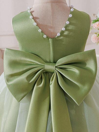 Glamorique Kids Baby Girls' Green Satin Sleeveless Dress With 3D Floral Decor, Handmade Beaded, Bow Back Design, Birthday/Wedding/Party Flower Girl Dress