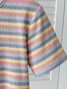 SHEIN 少女休闲条纹针织圆领短袖上衣 - 彩色 - 查看 5