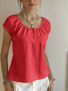 SHEIN Bubbli Áo thun nữ cổ bèo màu trơn kiểu dáng thường ngày - Đỏ - Xem 3