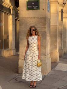 Lumalex 新款春夏纯棉波点印花无袖船领修身喇叭下摆连衣裙 - 黑與白 - 查看 5