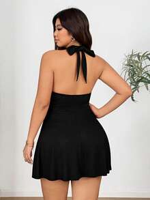 SHEIN SunnyBelle Plus Size Women Halter High Stretch Knit Tie Bow Dress - Black - View 2