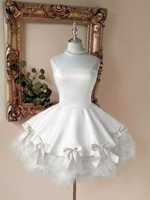 Lovelzi Elegant Luxurious Satin Patchwork Mesh, Handmade Bow Decor, Strapless Bubble Hem A-Line Short Dress, Party Gown - White - View 4