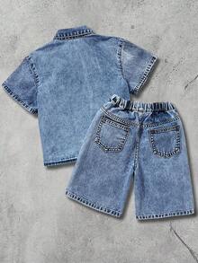 2pcs Young BoyFlame Print Blue Denim Short Sleeve Shirt And Shorts Set - Medium Wash - View 3