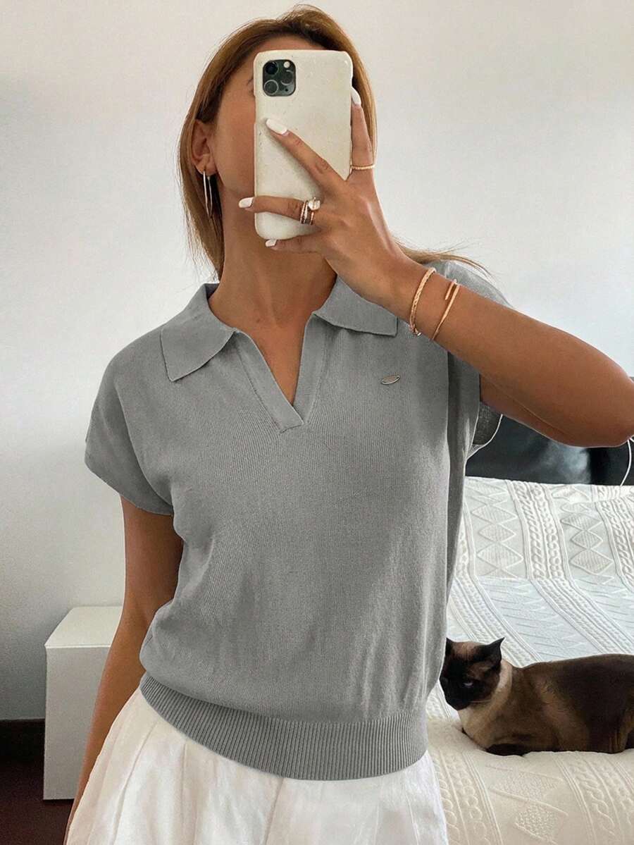 DAZY 女士纯色一体式针织领高领休闲通勤针织上衣,春夏款 - 灰色 - 查看 1