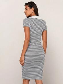 COSMINA Women's Elegant Striped Short Sleeve Shirt Collar Mid-Length Dress, Versatile For Commuting, Office, Outing, Dating, Spring Fitted Bodycon Dress , Women Dress , Polo Dresses For Women , New Arrival Dress For Women Casual , Nautical Dresses For Women - Blue and White - View 2