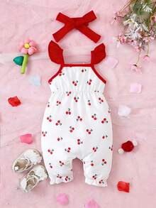 SHEIN Vintaside Kids Baby Girl Cherry Print Romper With Bow Decor - Red and White - View 4