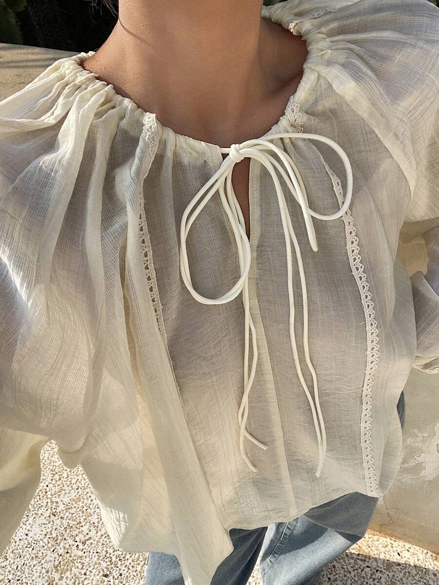Livesso Cubre-todo bohemio de gasa con cordones y calado en blanco, elegante para ir y venir, de manga larga para mujer, para primavera y verano - Beis - Ver 1