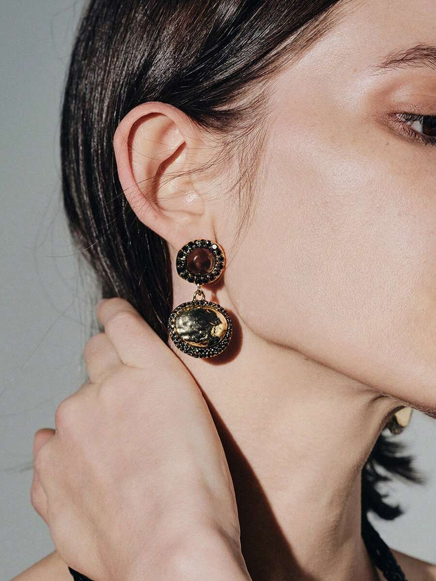 Noxbound Gold-Plated Rhinestone Irregular Flat Circle Earrings,Minimalist/Vintage/Elegant,For Mom/Women/Girl/Mother,Summer/Beach/Prom/Part/Vacation/Travel,BOHEMIAN/Modern/Chic,Daily Wear/Work Day,Chunky,Gold - Yellow Gold - View 1