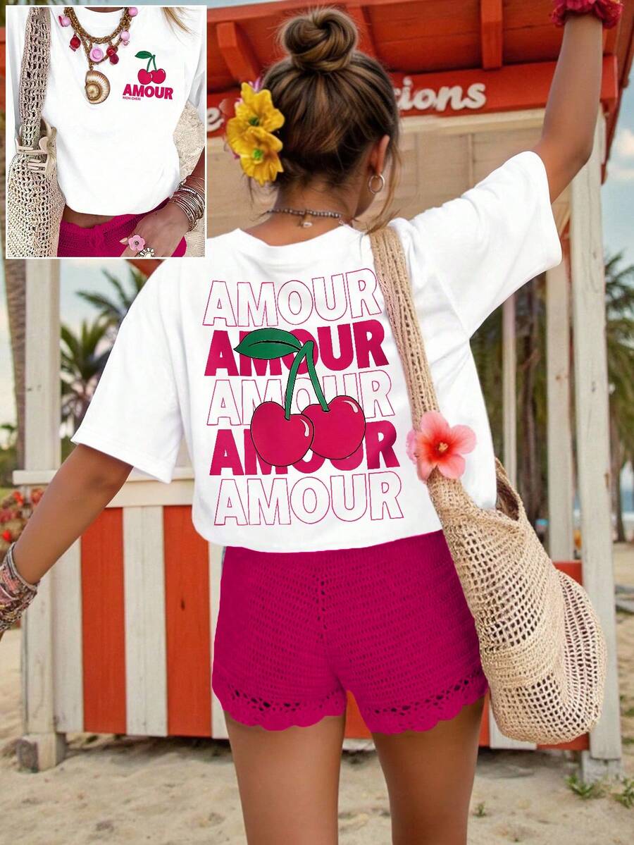 SHEIN LUNE بلوزة كاجوال قصيرة الأكمام بياقة دائرية مطبوعة بحرف وكرز للنساء ذوات الأحجام الكبيرة - أبيض - مشاهدة 1