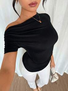 Rafferiza Women's Elegant Solid Color Ruched Asymmetrical Shoulder Short Sleeve Fitted T-Shirt, Summer - Black - View 3