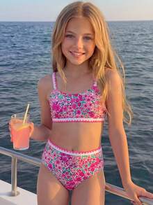 少女碎花比基尼套装，两件式泳衣，甜美时尚风格，适合各种场合，春夏款 - 紫羅蘭色 - 查看 3