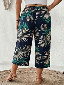 SHEIN CURVE+ Plus Size Elastic Waist Wide Leg Capri Pants Beach Outfits For Woman Plus Size - Multicolor - View 2