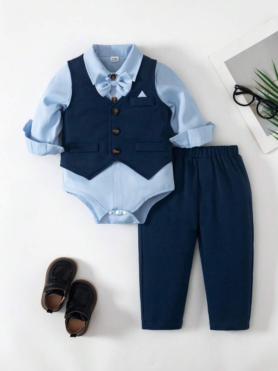 Souflis 3件套幼儿男童绅士风西装套装：西装外套、马甲和长袖衬衫，秋冬款