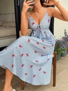 Napfluff 女士可爱蝴蝶结条纹印花抽绳系带A字吊带睡裙 - 彩色 - 查看 1